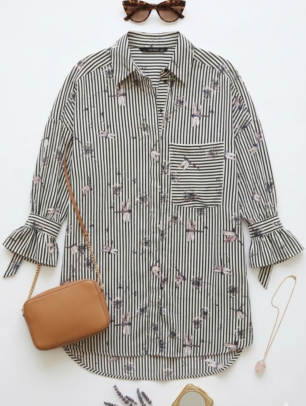 Zara Basics Black And White Striped Dragon Fly Print Oversized Button Down Tunic